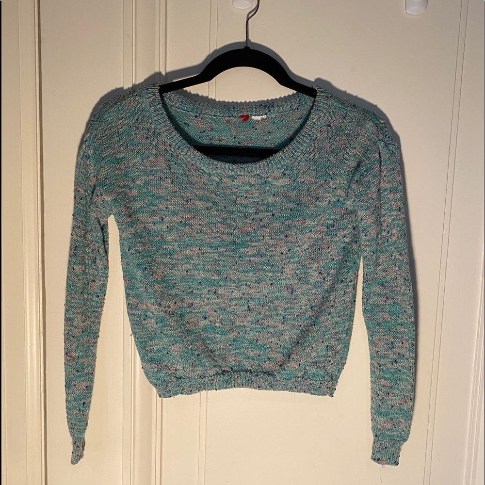 Turquoise Blue Knit Multicolored Sweater Size XS Crewneck Sweater Fitted Top